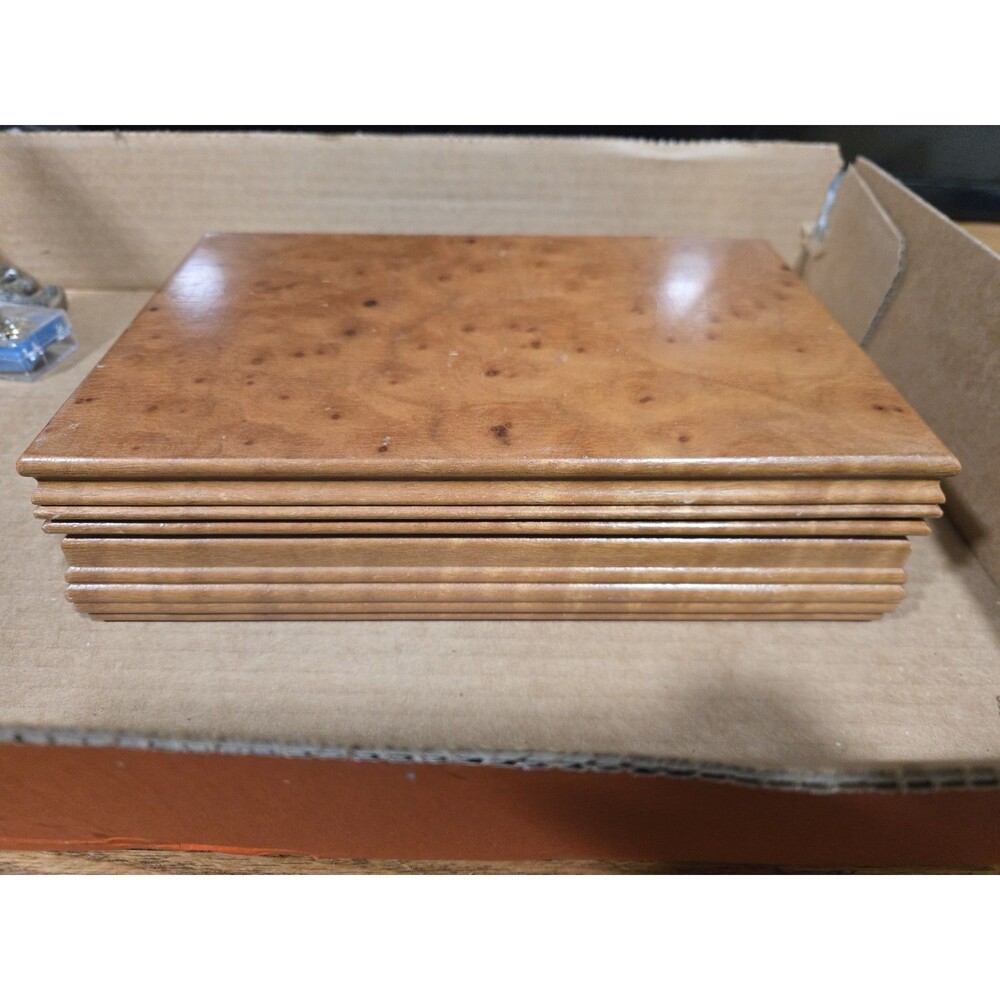 Vtg Blond Burl Wood Veneer Jewelry Box Tan Mirrored Interior Fair Condition